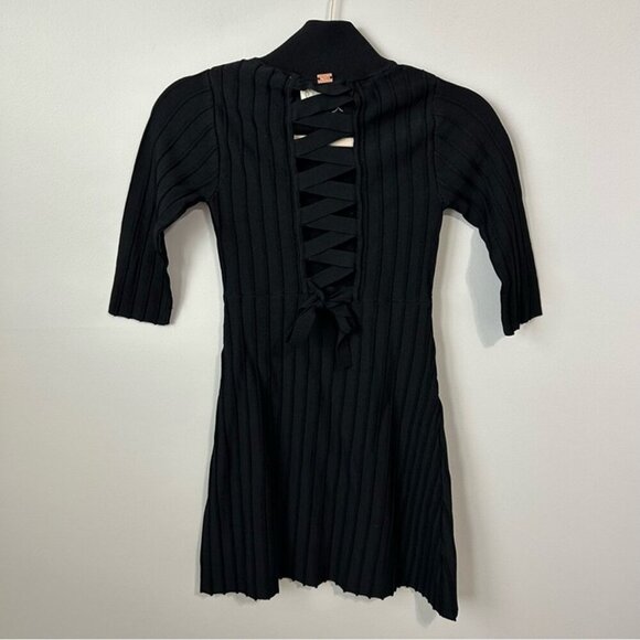 For Love And Lemons X KNITZ Simone Laced Black Sweater 3/4 Sleeve Mini Dress - Picture 5 of 7